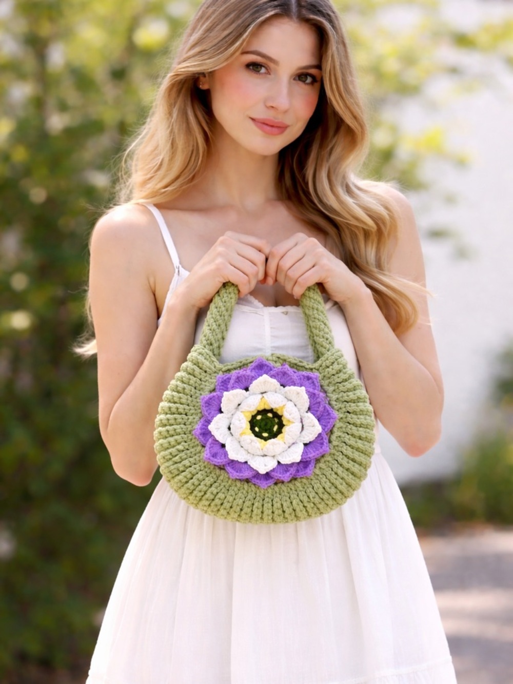 Handmade Crochet Green Floral Top-handle Bag